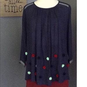 Pom Pom Flowy Boho Shirt Navy Size Small